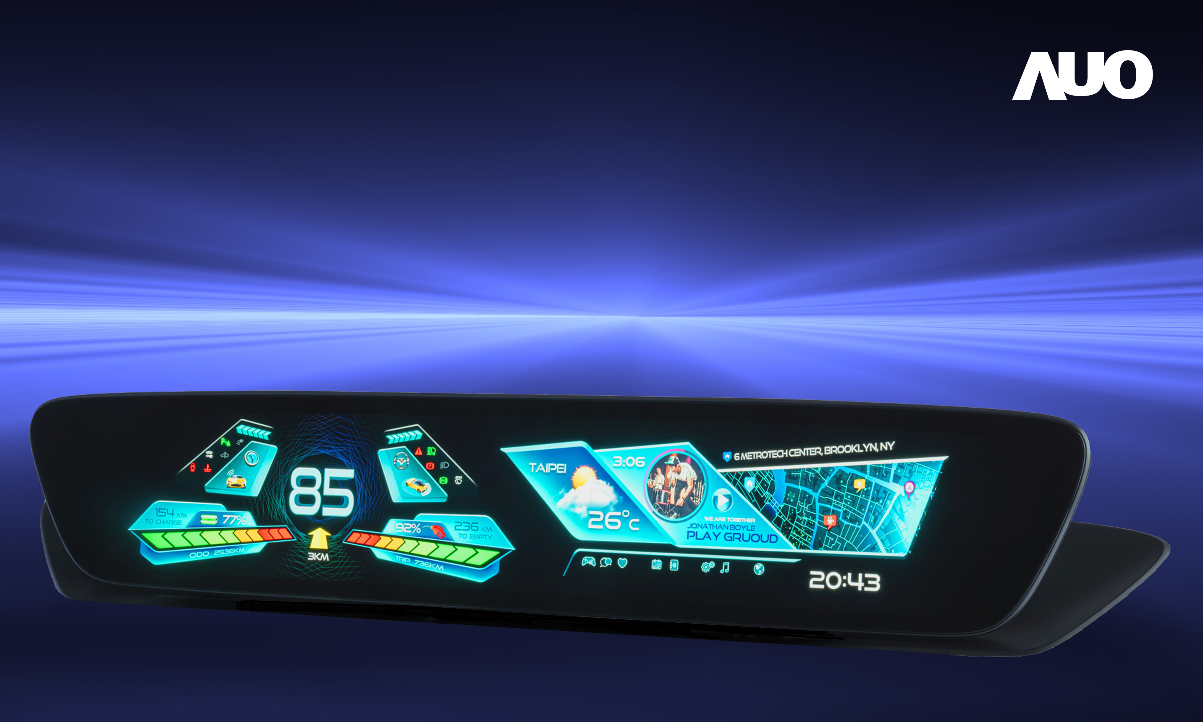 友達30.4吋異形曲面AmLED車載顯示系統，為一兼具儀表板及中控台人機介面的創新車載顯示系統，結合美學設計，提升車內科技沉浸感及使用體驗，讓車載顯示的未來應用更加多元化