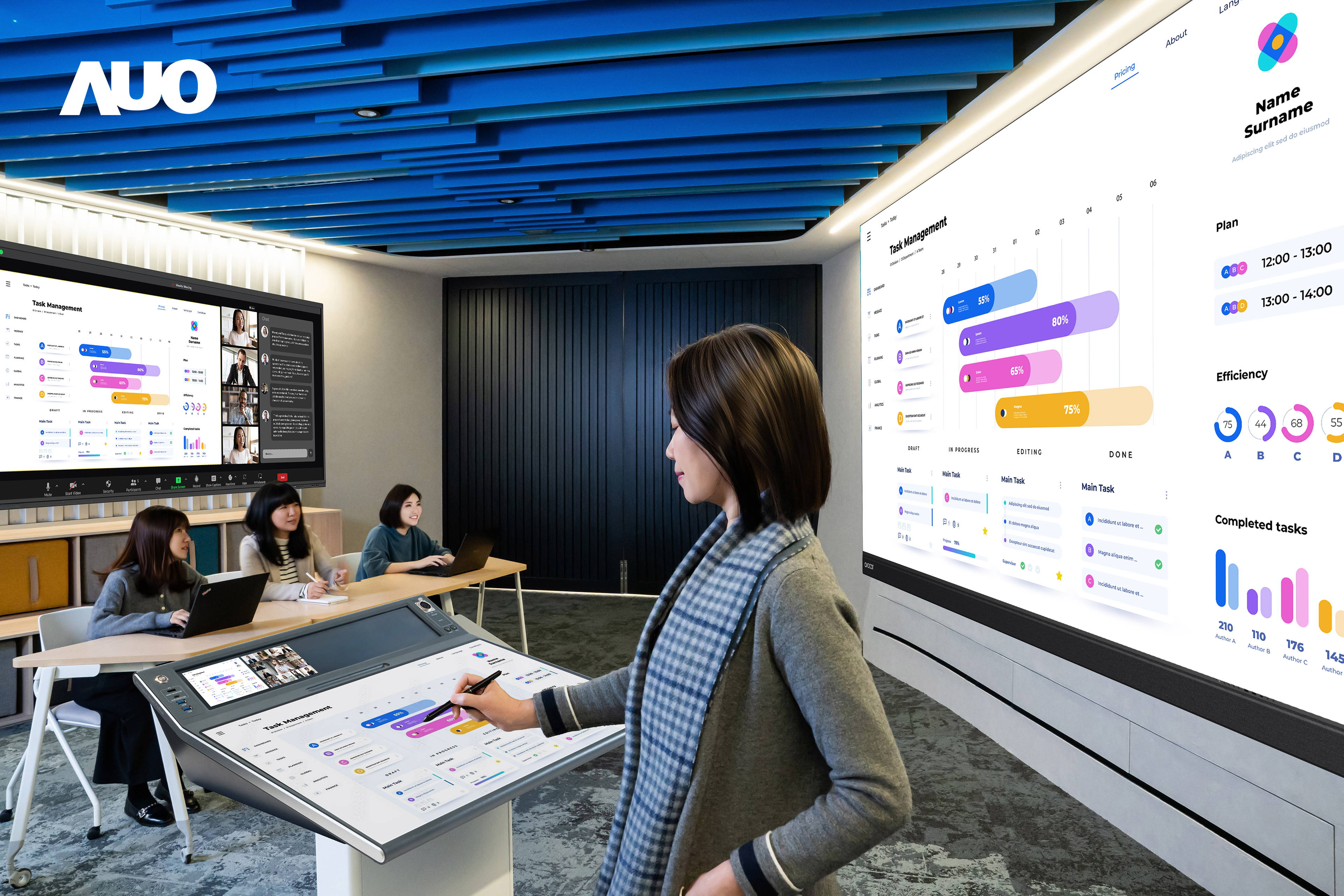 達擎攜手Avocor與Rise Vision展示全方位商務領域應用，包含採用模組化設計的138吋一體式All-in-One LED顯示器及具21:9超寬比例的92吋互動式電子白板（IFPD），講者可輕鬆分享內容，有效提升會議協作效率。